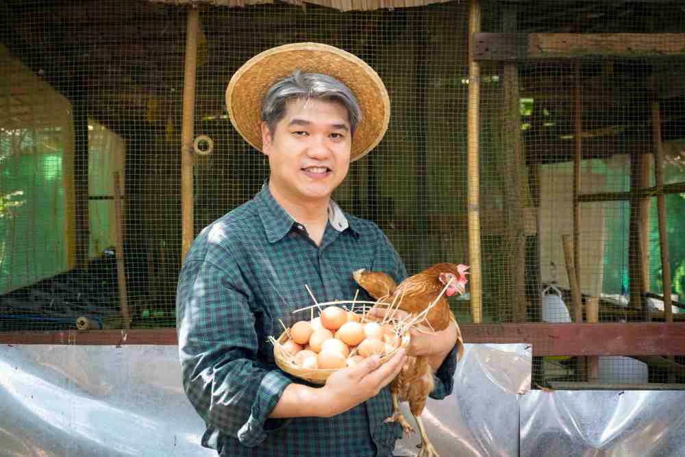 A young farmer holding chicken and eggs